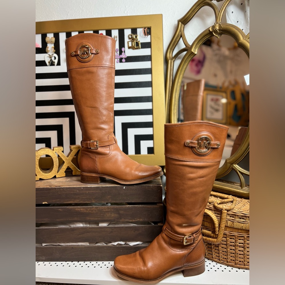 Michael Kors Stockard Riding Boots Knee High Cognac Leather 8.5 Boho Chic